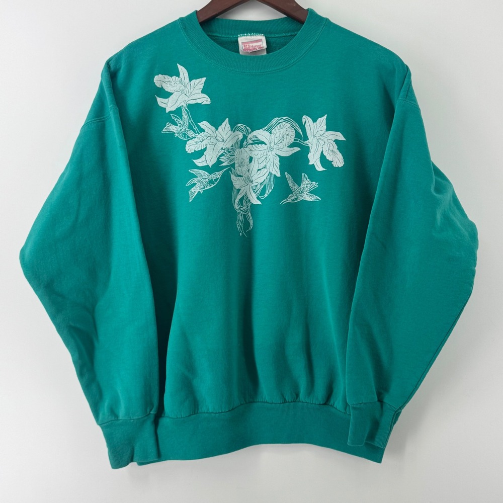 Vintage Hanes ComfortBlend Teal Hummingbird Lily Sweatshirt Mens Large USA Made